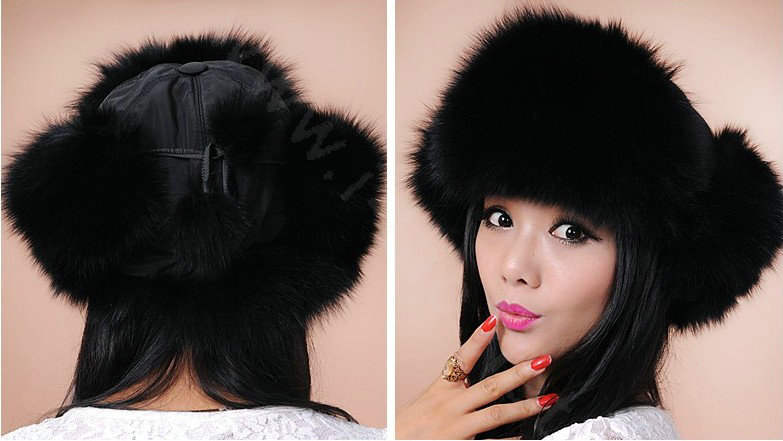 Fashion Women Fox Fur Hats Winter Warm Whole Leather Ear protector Caps - Black