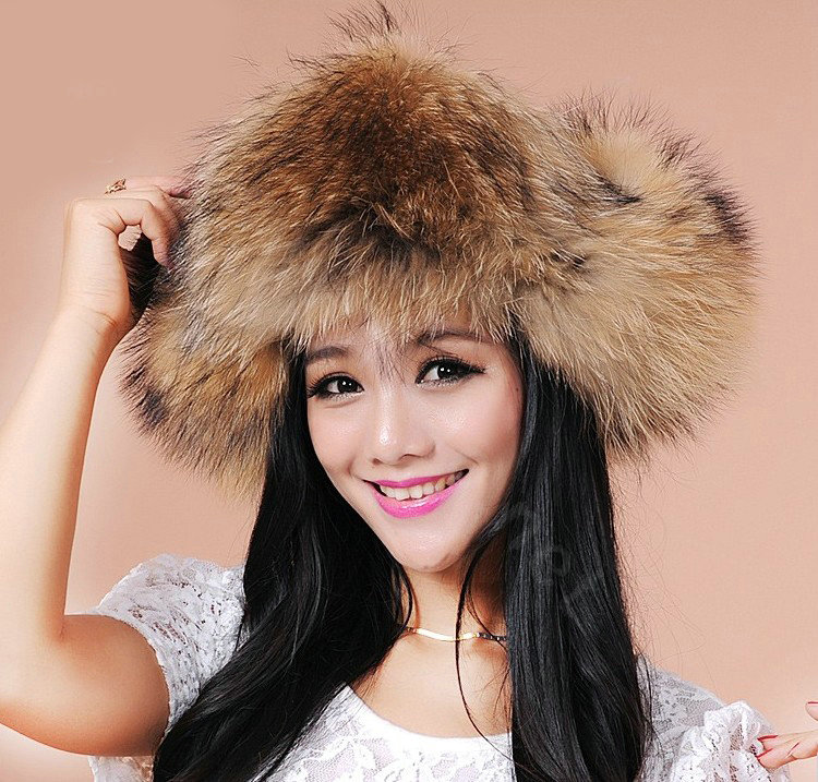 Fashion Women Fox Fur Hats Winter Warm Whole Leather Ear protector Caps - Brown