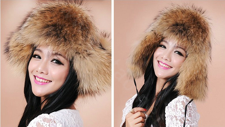 Fashion Women Fox Fur Hats Winter Warm Whole Leather Ear protector Caps - Brown