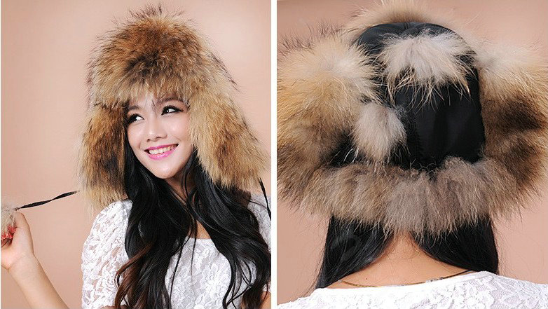 Fashion Women Fox Fur Hats Winter Warm Whole Leather Ear protector Caps - Brown