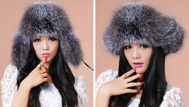 Fashion Women Fox Fur Hats Winter Warm Whole Leather Ear protector Caps - Gray