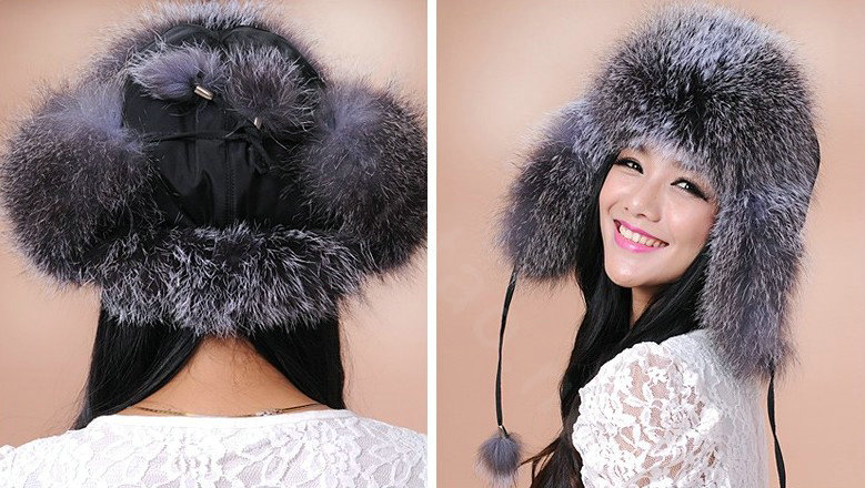 Fashion Women Fox Fur Hats Winter Warm Whole Leather Ear protector Caps - Gray