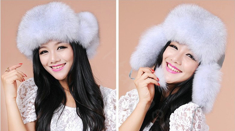Fashion Women Fox Fur Hats Winter Warm Whole Leather Ear protector Caps - Light Gray