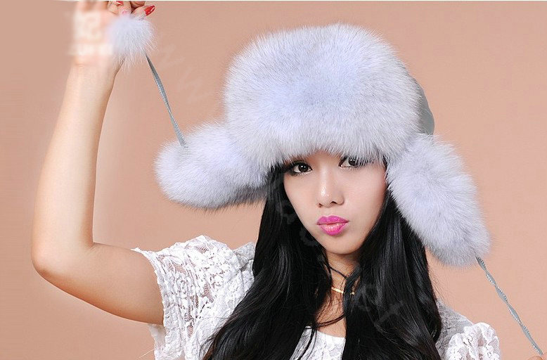 Fashion Women Fox Fur Hats Winter Warm Whole Leather Ear protector Caps - Light Gray