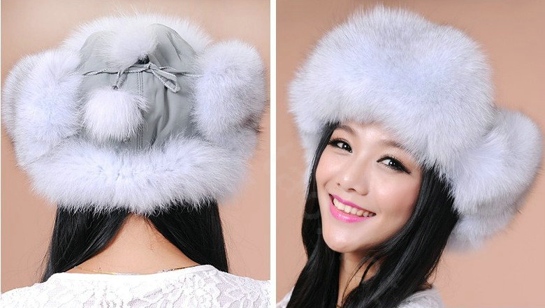 Fashion Women Fox Fur Hats Winter Warm Whole Leather Ear protector Caps - Light Gray