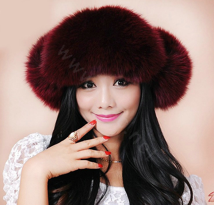 Fashion Women Fox Fur Hats Winter Warm Whole Leather Ear protector Caps - Red