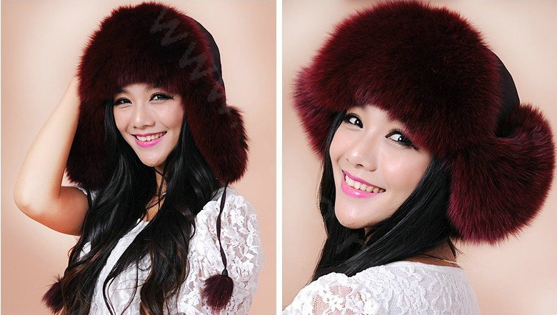 Fashion Women Fox Fur Hats Winter Warm Whole Leather Ear protector Caps - Red