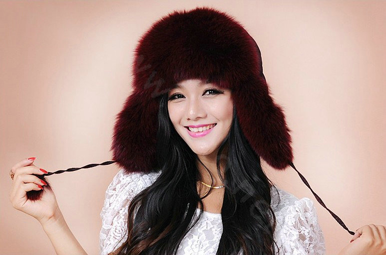 Fashion Women Fox Fur Hats Winter Warm Whole Leather Ear protector Caps - Red