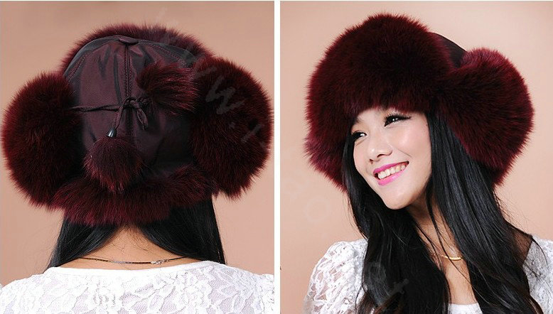 Fashion Women Fox Fur Hats Winter Warm Whole Leather Ear protector Caps - Red