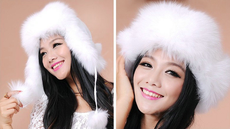 Fashion Women Fox Fur Hats Winter Warm Whole Leather Ear protector Caps - White
