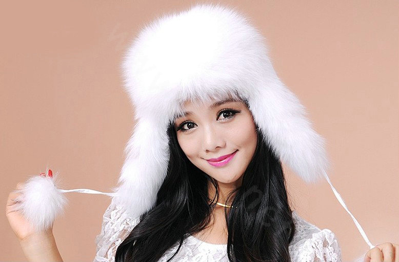 Fashion Women Fox Fur Hats Winter Warm Whole Leather Ear protector Caps - White