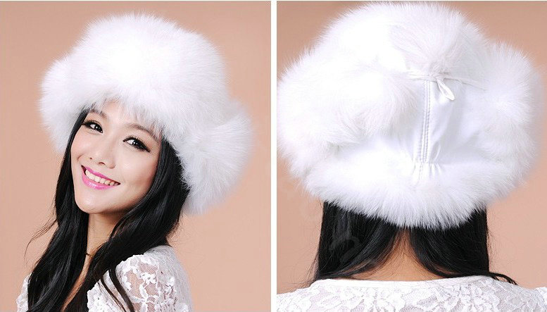 Fashion Women Fox Fur Hats Winter Warm Whole Leather Ear protector Caps - White