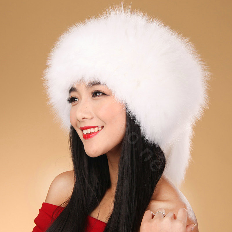 Fashion Women Fox Fur Hats Winter Warm Whole Leather lei feng Caps - White