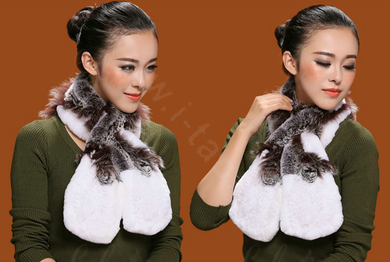 Fashion Women Knitted Rex Rabbit Fur Scarf Winter warm Flower Neck wraps - Coffee White
