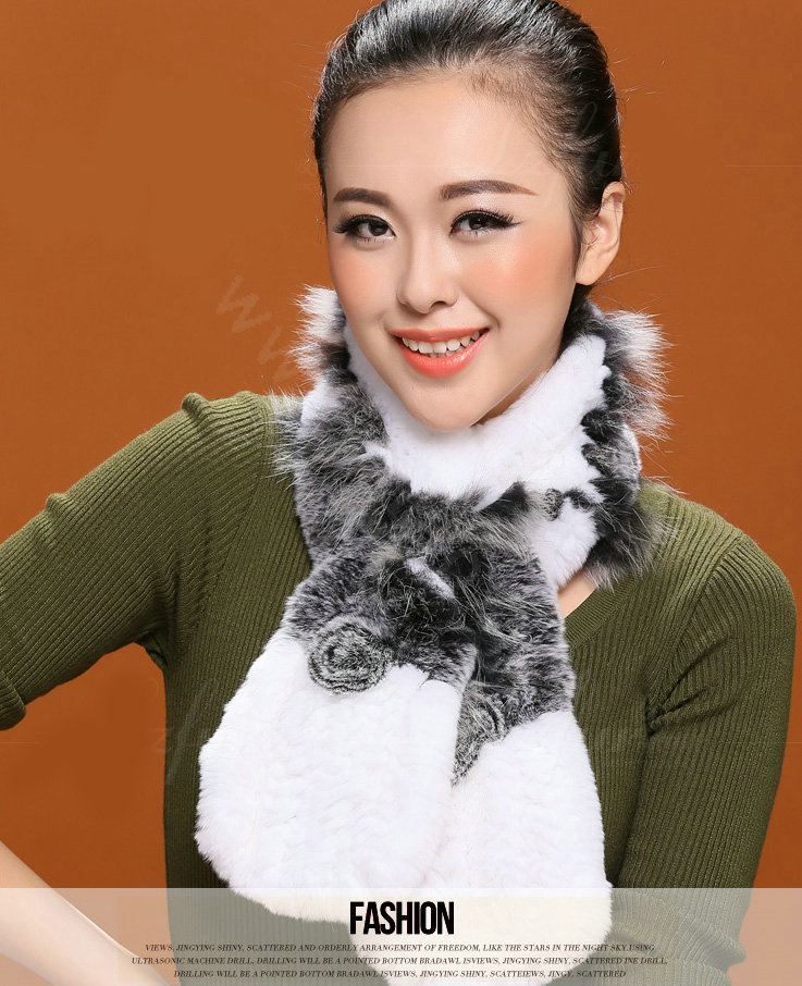 Fashion Women Knitted Rex Rabbit Fur Scarf Winter warm Flower Neck wraps - Grey White