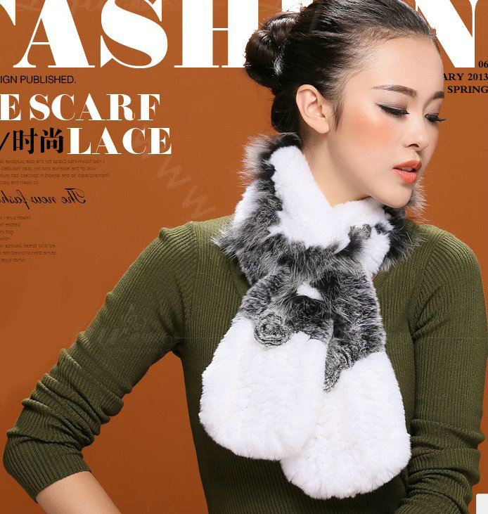 Fashion Women Knitted Rex Rabbit Fur Scarf Winter warm Flower Neck wraps - Grey White