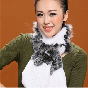 Fashion Women Knitted Rex Rabbit Fur Scarf Winter warm Flower Neck wraps - Grey White