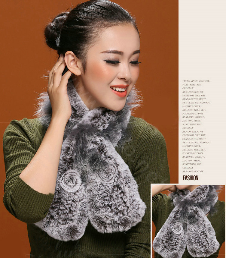 Fashion Women Knitted Rex Rabbit Fur Scarf Winter warm Flower Neck wraps - Grey