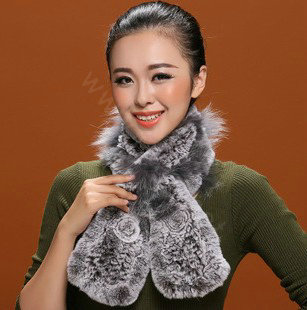 Fashion Women Knitted Rex Rabbit Fur Scarf Winter warm Flower Neck wraps - Grey