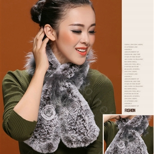 Fashion Women Knitted Rex Rabbit Fur Scarf Winter warm Flower Neck wraps - Grey