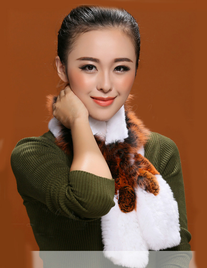 Fashion Women Knitted Rex Rabbit Fur Scarf Winter warm Flower Neck wraps - Orange White