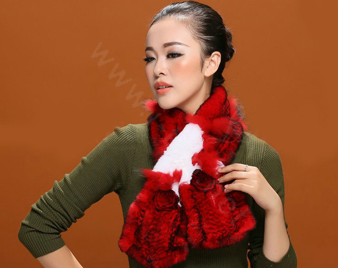 Fashion Women Knitted Rex Rabbit Fur Scarf Winter warm Flower Neck wraps - Red White