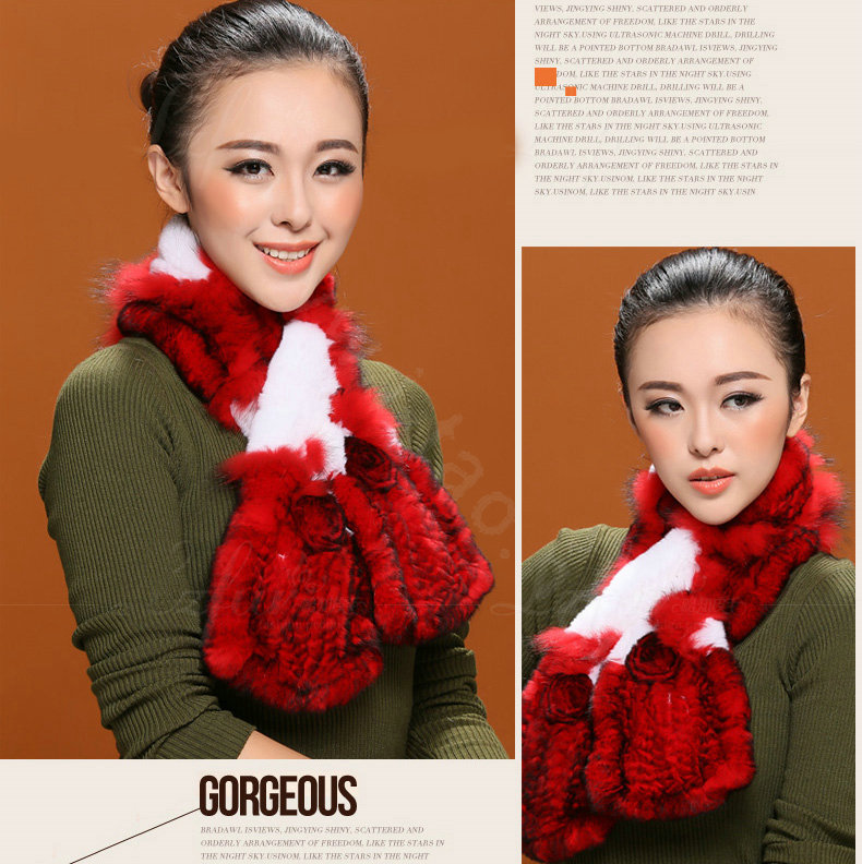 Fashion Women Knitted Rex Rabbit Fur Scarf Winter warm Flower Neck wraps - Red White