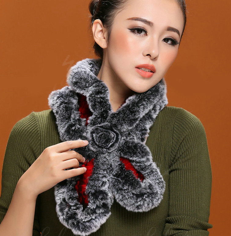 Fashion Women Knitted Rex Rabbit Fur Scarves Winter warm Flower Wave Neck wraps - Black Red