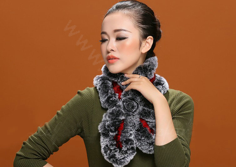Fashion Women Knitted Rex Rabbit Fur Scarves Winter warm Flower Wave Neck wraps - Black Red