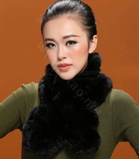 Fashion Women Knitted Rex Rabbit Fur Scarves Winter warm Flower Wave Neck wraps - Black