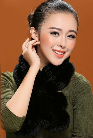 Fashion Women Knitted Rex Rabbit Fur Scarves Winter warm Flower Wave Neck wraps - Black