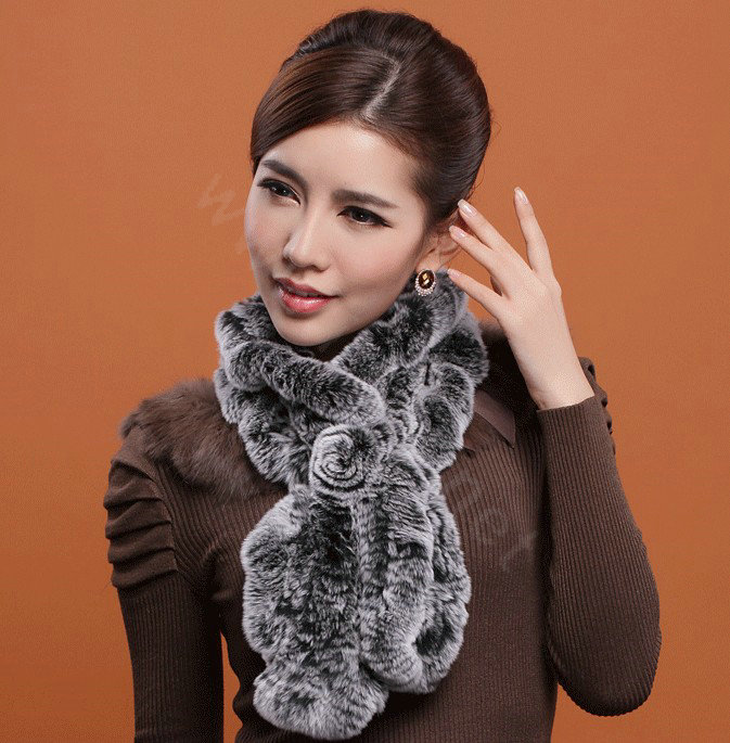Fashion Women Knitted Rex Rabbit Fur Scarves Winter warm Flower Wave Neck wraps - Grey Black
