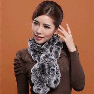 Fashion Women Knitted Rex Rabbit Fur Scarves Winter warm Flower Wave Neck wraps - Grey Black