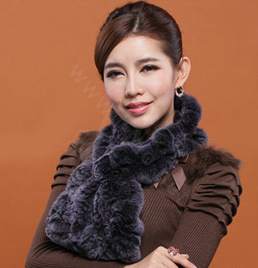Fashion Women Knitted Rex Rabbit Fur Scarves Winter warm Flower Wave Neck wraps - Navy
