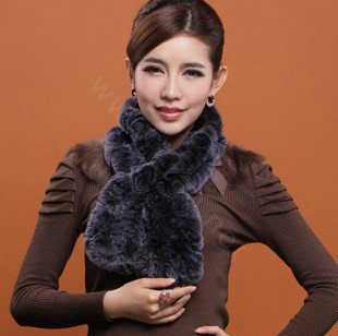 Fashion Women Knitted Rex Rabbit Fur Scarves Winter warm Flower Wave Neck wraps - Navy