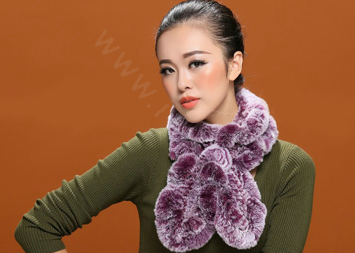 Fashion Women Knitted Rex Rabbit Fur Scarves Winter warm Flower Wave Neck wraps - Purple White