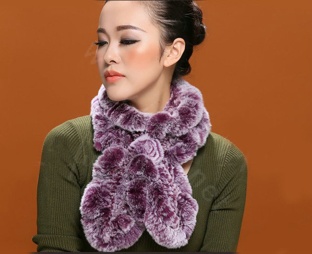 Fashion Women Knitted Rex Rabbit Fur Scarves Winter warm Flower Wave Neck wraps - Purple White