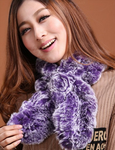Fashion Women Knitted Rex Rabbit Fur Scarves Winter warm Flower Wave Neck wraps - Purple