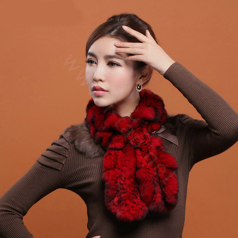 Fashion Women Knitted Rex Rabbit Fur Scarves Winter warm Flower Wave Neck wraps - Red