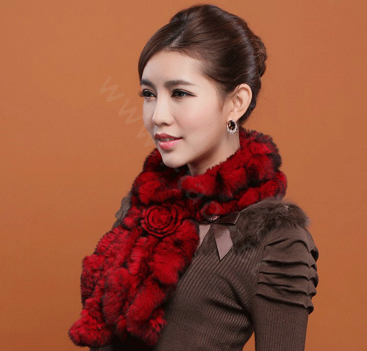 Fashion Women Knitted Rex Rabbit Fur Scarves Winter warm Flower Wave Neck wraps - Red