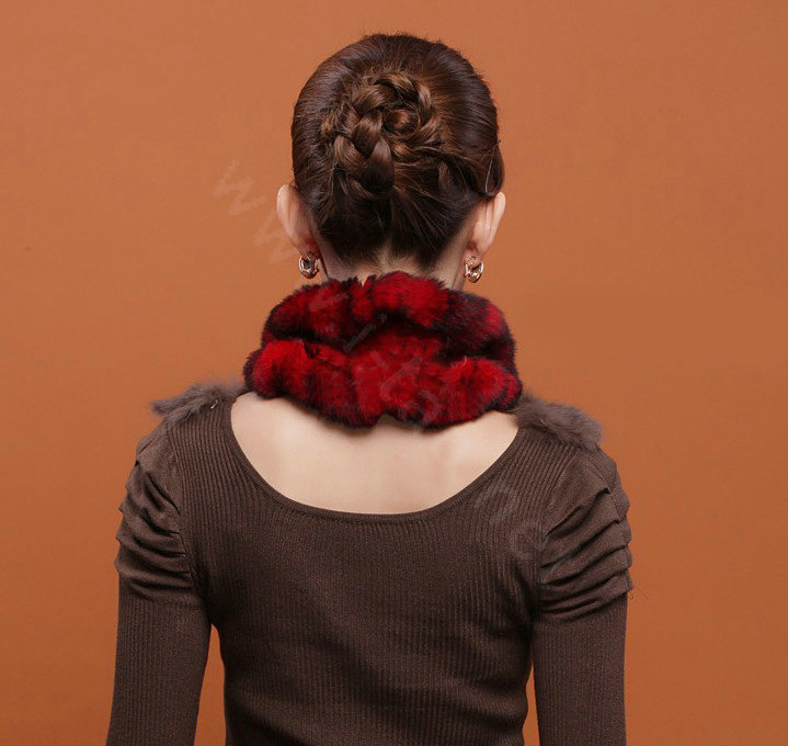 Fashion Women Knitted Rex Rabbit Fur Scarves Winter warm Flower Wave Neck wraps - Red