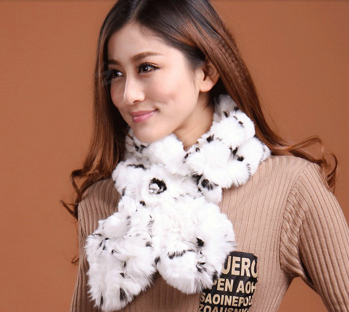 Fashion Women Knitted Rex Rabbit Fur Scarves Winter warm Flower Wave Neck wraps - White Black