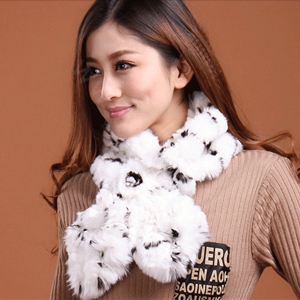 Fashion Women Knitted Rex Rabbit Fur Scarves Winter warm Flower Wave Neck wraps - White Black