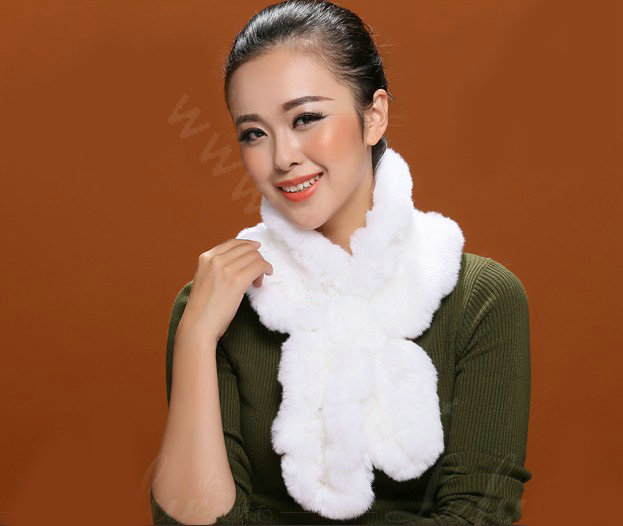 Fashion Women Knitted Rex Rabbit Fur Scarves Winter warm Flower Wave Neck wraps - White