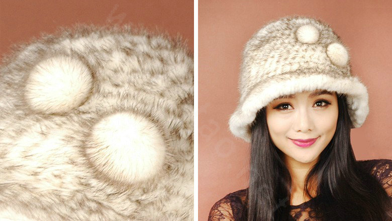 Fashion Women Mink hair Fur Hat Winter Thicker Warm Handmade Knitted Caps - Beige