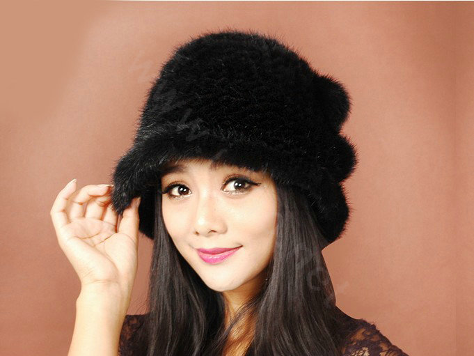 Fashion Women Mink hair Fur Hat Winter Thicker Warm Handmade Knitted Caps - Black