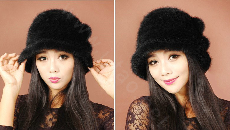 Fashion Women Mink hair Fur Hat Winter Thicker Warm Handmade Knitted Caps - Black