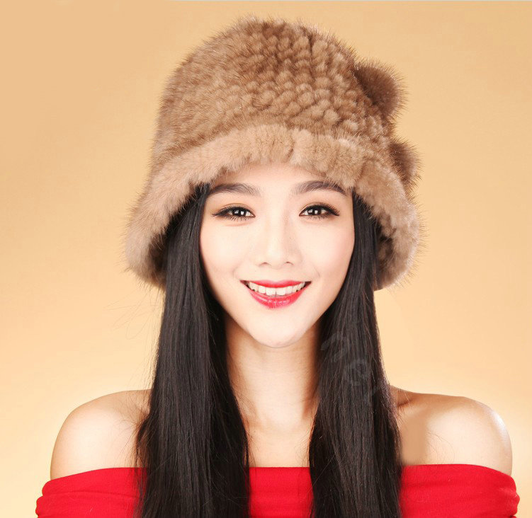 Fashion Women Mink hair Fur Hat Winter Thicker Warm Handmade Knitted Caps - Brown
