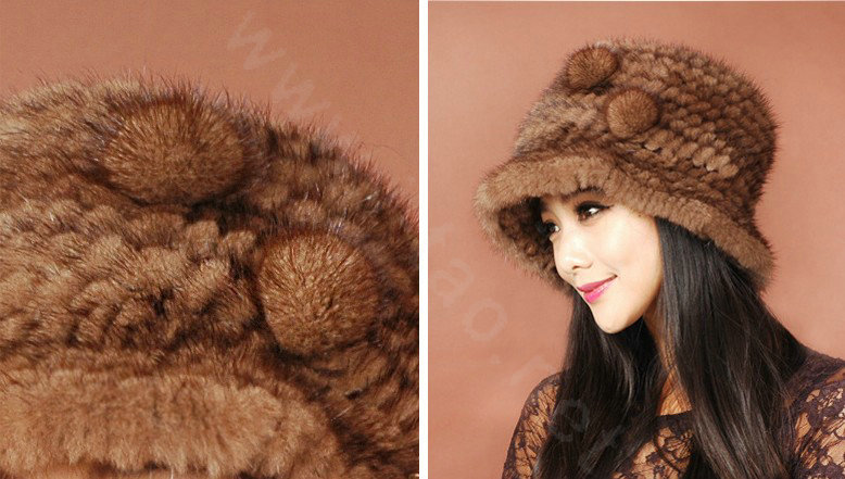 Fashion Women Mink hair Fur Hat Winter Thicker Warm Handmade Knitted Caps - Coffee