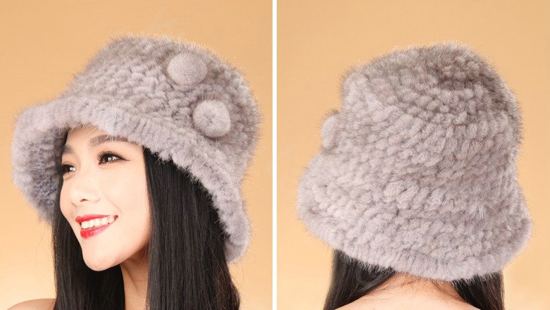 Fashion Women Mink hair Fur Hat Winter Thicker Warm Handmade Knitted Caps - Grey